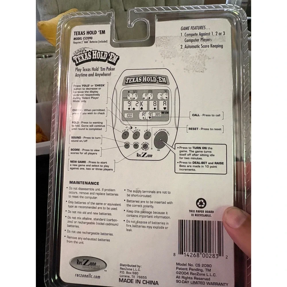 RecZone Texas Hold Em Handheld Electronic Poker Game Model CS2090 Red New NIP
